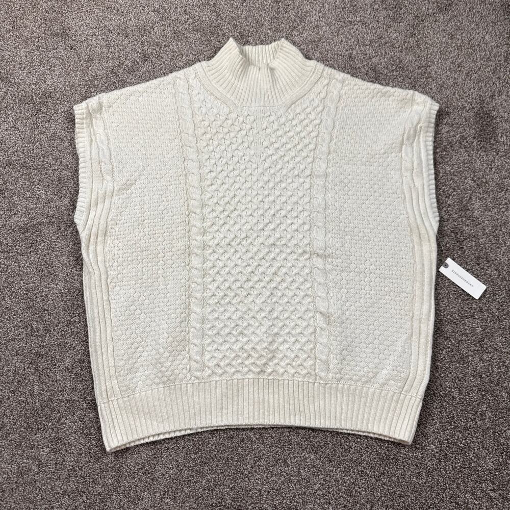 Maeve Cable-Knit Wool Blend Sweater Vest Oversized NWT Small Mock Neck Ivory